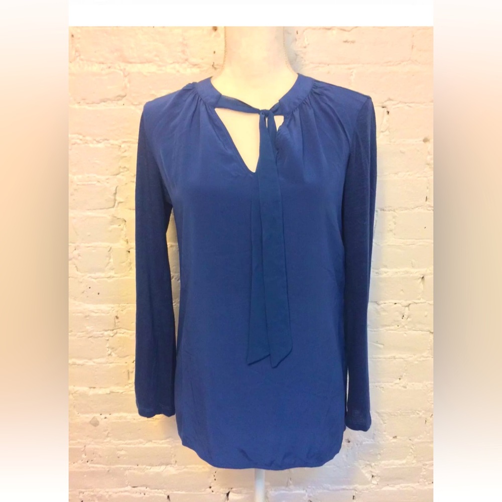 Sandro long sleeve tie neck top linen and knit blue size 1